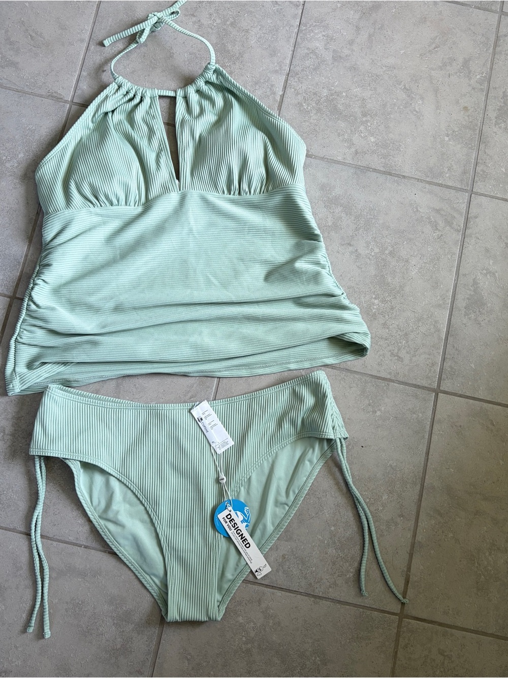 NWT Cupshe Ribbed Tankini Swim Set Women’s Size XL light Sage Green Halter neck